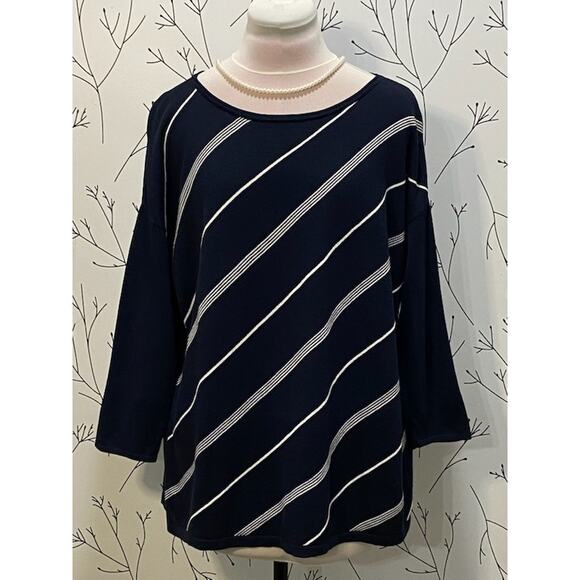 J.JILL WEAREVER Womens M Navy White Asymmetrical Stripe Knit Top Nautical Preppy - Picture 2 of 5